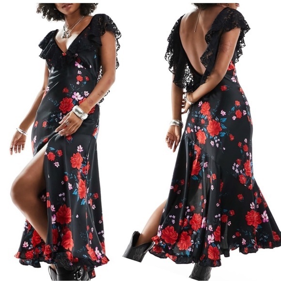 NWOT Free People rose bloom print ruffle edged midi dress in black Large - Picture 1 of 17